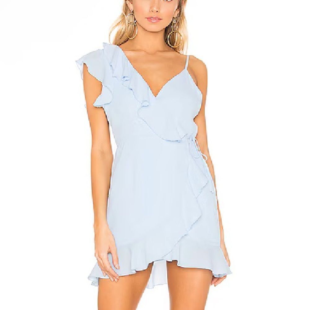 Superdown areanna wrap dress pale blue mini chiffon Revolve NWT XS